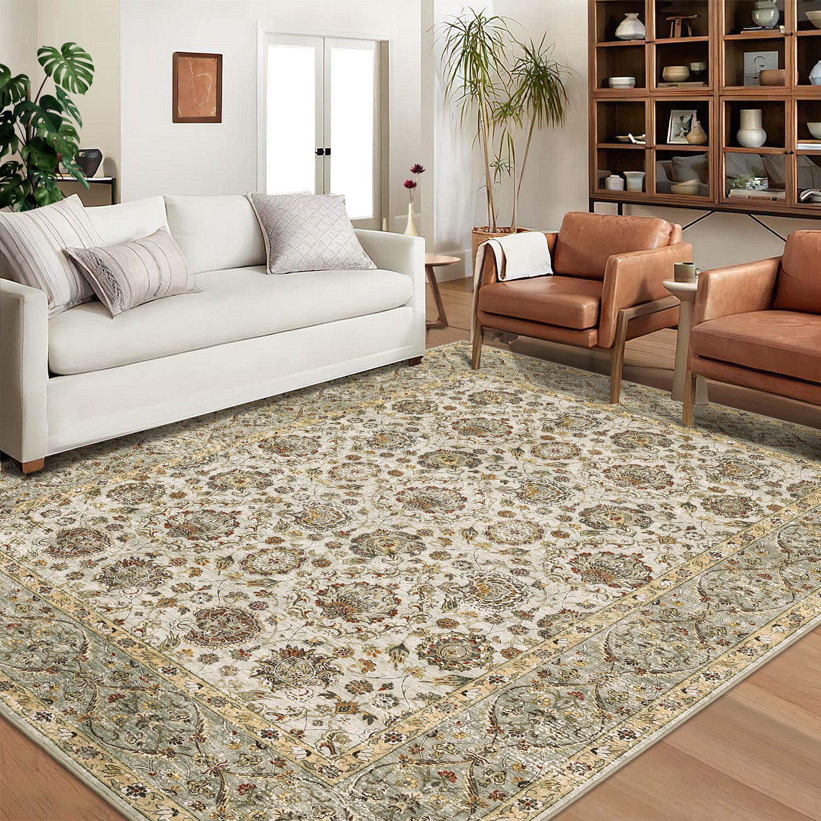 Alfombra vintage persa Garvee 80x150 cm verde claro con diseño floral y base antideslizante para entrada